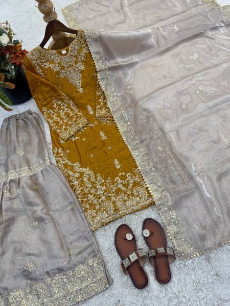 Timeless Yellow Fashionable GMY Silk Sharara Outfit for Wedding and Festive Functions Ready To Wear Collection