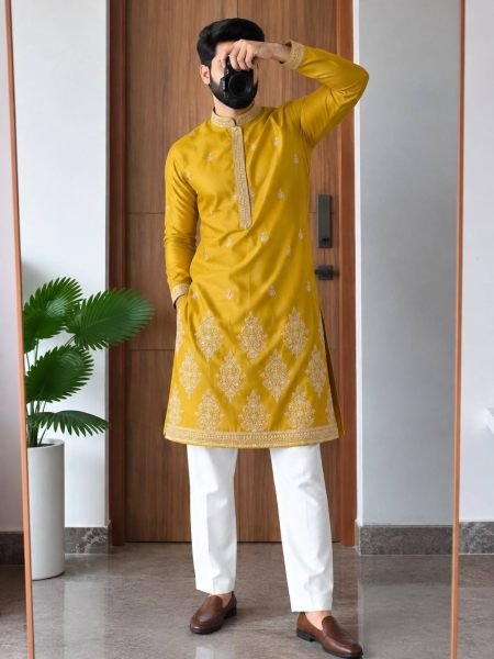 Timeless Yellow Men Designer Royal Silk Kurta with Raymond Cotton Pyjama 