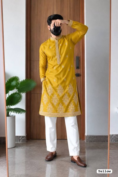 Timeless Yellow Men Designer Royal Silk Kurta with Raymond Cotton Pyjama Kurta Pajama Wholesale