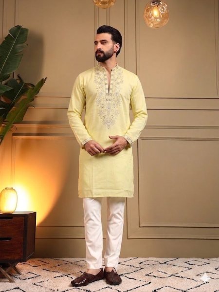 Timeless Yellow Traditional Men's Embroidered Kurta Pyjama for Wedding Functions Kurta Pajama Wholesale