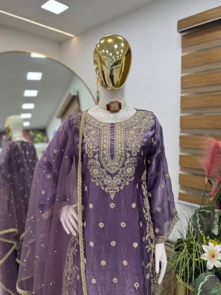 Top Demand Dusty Lavender Fandy Silk Sequence Work Outfit for Festive Collection Ready To Wear Collection