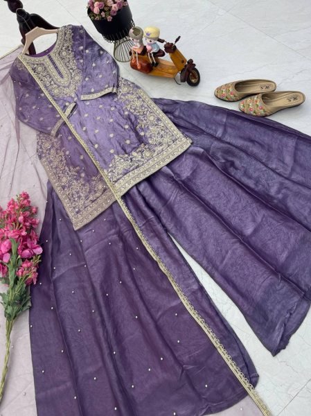 Top Demand Dusty Lavender Fandy Silk Sequence Work Outfit for Festive Collection Ready To Wear Collection