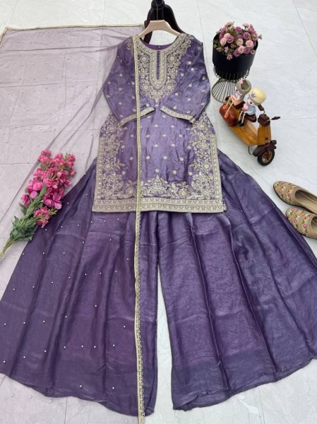 Top Demand Dusty Lavender Fandy Silk Sequence Work Outfit for Festive Collection Ready To Wear Collection