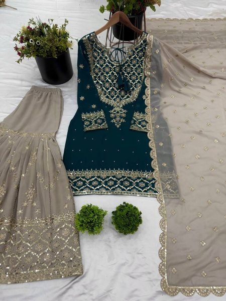 Top Designer 3 Piece Georgette Suit with Sharara and Embroidered Kurti Readymade Suit Set for Ladies Ready To Wear Collection
