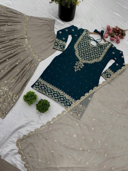 Top Designer 3 Piece Georgette Suit with Sharara and Embroidered Kurti Readymade Suit Set for Ladies Ready To Wear Collection