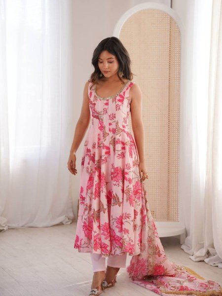 Top Style Pink Muslin Long Gown Set with Embroidered Organza Dupatta 