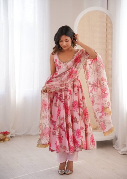 Top Style Pink Muslin Long Gown Set with Embroidered Organza Dupatta Ready To Wear Collection