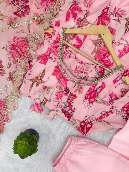 Top Style Pink Muslin Long Gown Set with Embroidered Organza Dupatta Ready To Wear Collection