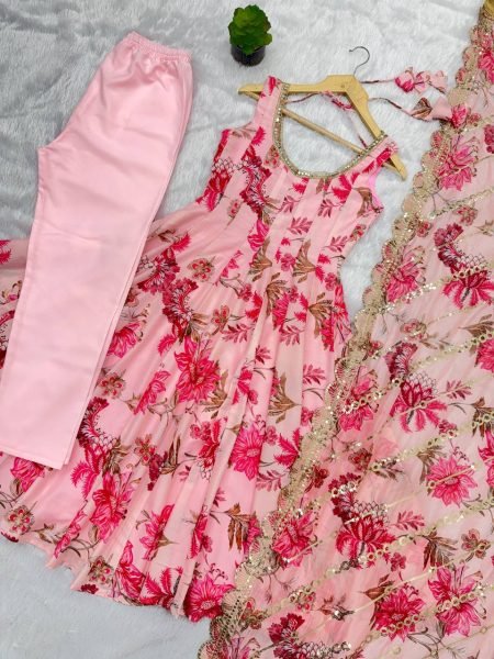 Top Style Pink Muslin Long Gown Set with Embroidered Organza Dupatta Ready To Wear Collection