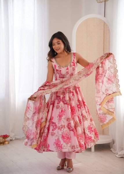 Top Style Pink Muslin Long Gown Set with Embroidered Organza Dupatta Ready To Wear Collection