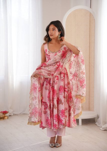 Top Style Pink Muslin Long Gown Set with Embroidered Organza Dupatta Ready To Wear Collection