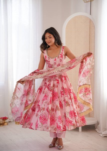 Top Style Pink Muslin Long Gown Set with Embroidered Organza Dupatta Ready To Wear Collection