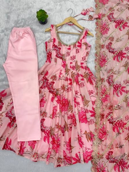 Top Style Pink Muslin Long Gown Set with Embroidered Organza Dupatta Ready To Wear Collection