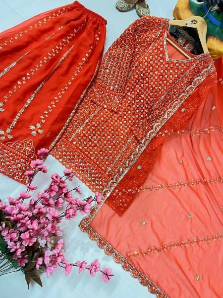Top Trending Heavy Georgette Kurti Plazzo Dupatta Set Zari  Sequins Work International Shipping Available Ready To Wear Collection