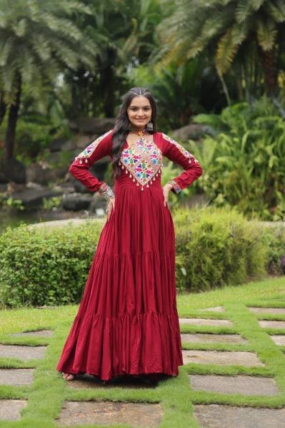 Traditional 14 Kg Rayon 3 Layer Frill Gown with Gamthi Embroidery Work for Women Navratri Lehnega Choli
