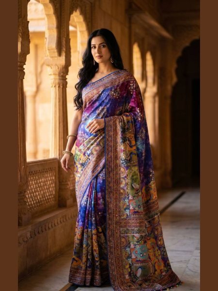 Traditional Ajrakh Patchwork Print Saree with Mirror Work And Piping Border 