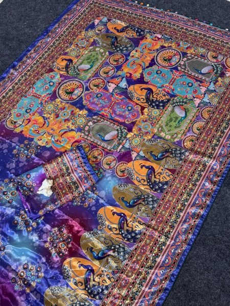 Traditional Ajrakh Patchwork Print Saree with Mirror Work And Piping Border Silk Sarees Wholesale