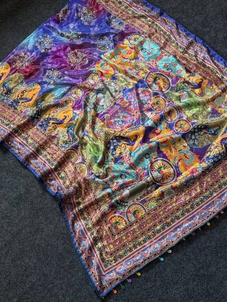 Traditional Ajrakh Patchwork Print Saree with Mirror Work And Piping Border Silk Sarees Wholesale