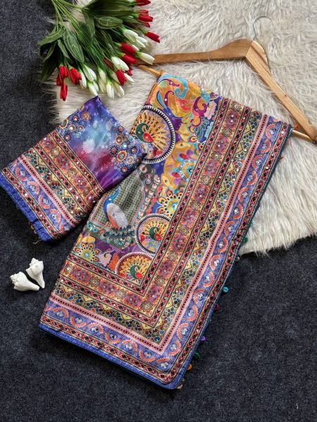 Traditional Ajrakh Patchwork Print Saree with Mirror Work And Piping Border Silk Sarees Wholesale