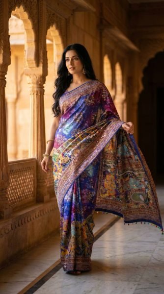 Traditional Ajrakh Patchwork Print Saree with Mirror Work And Piping Border Silk Sarees Wholesale