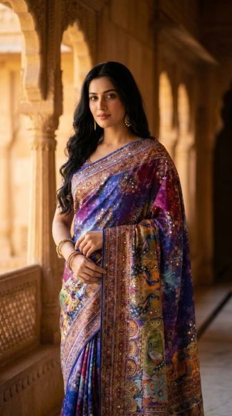 Traditional Ajrakh Patchwork Print Saree with Mirror Work And Piping Border Silk Sarees Wholesale