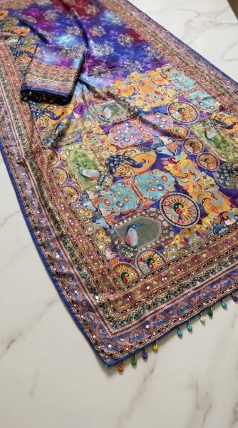 Traditional Ajrakh Patchwork Print Saree with Mirror Work And Piping Border Silk Sarees Wholesale