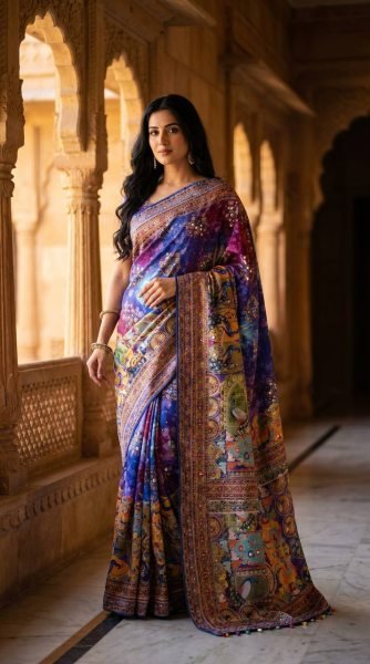 Traditional Ajrakh Patchwork Print Saree with Mirror Work And Piping Border Silk Sarees Wholesale