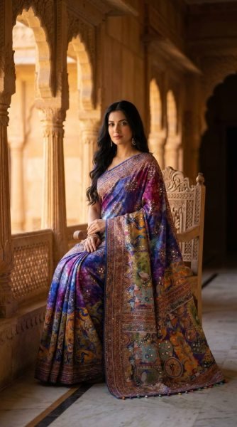 Traditional Ajrakh Patchwork Print Saree with Mirror Work And Piping Border Silk Sarees Wholesale