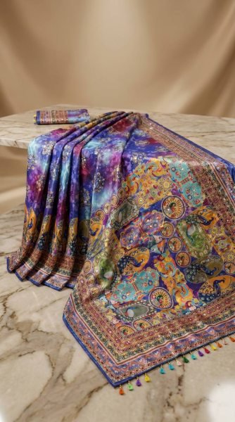 Traditional Ajrakh Patchwork Print Saree with Mirror Work And Piping Border Silk Sarees Wholesale