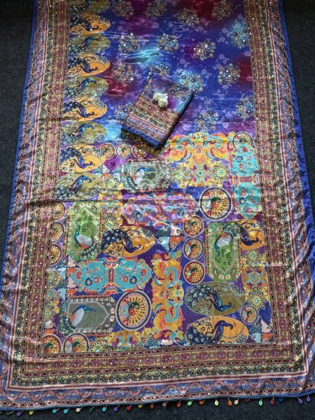 Traditional Ajrakh Patchwork Print Saree with Mirror Work And Piping Border Silk Sarees Wholesale