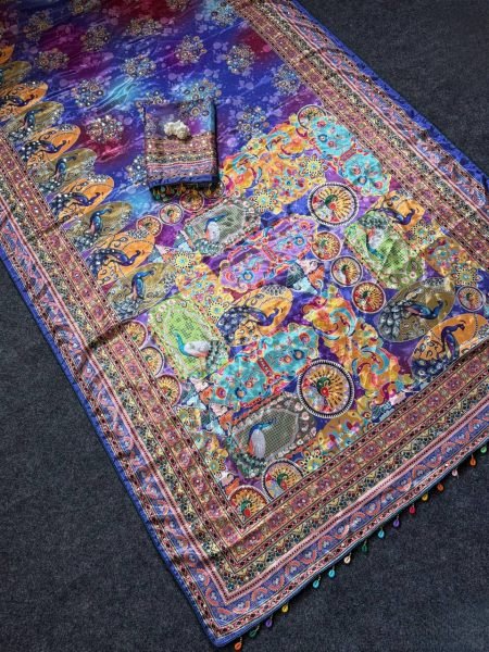 Traditional Ajrakh Patchwork Print Saree with Mirror Work And Piping Border Silk Sarees Wholesale