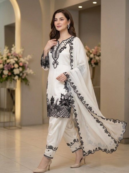 Traditional artistry vibes Glass Roman Heavy Work Kurti With Farshi Salwar And Modern Design Dupatta  Ready To Wear Collection