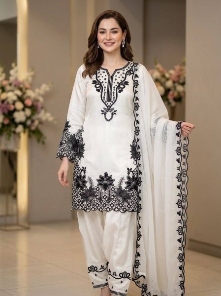Traditional artistry vibes Glass Roman Heavy Work Kurti With Farshi Salwar And Modern Design Dupatta  Ready To Wear Collection