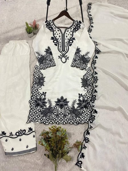 Traditional artistry vibes Glass Roman Heavy Work Kurti With Farshi Salwar And Modern Design Dupatta  Ready To Wear Collection