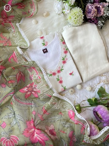 Traditional Banarasi Suit Set For Women -Banarasi Cotton with Lace Dupatta & Pearl Mala Cotton Kurtis Wholesale