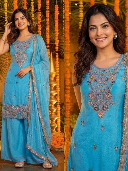 Traditional Beads Embroidery Fancy Silk Kurti with Palazzo & Dupatta Showroom Wholesale Wear Ready To Wear Suit