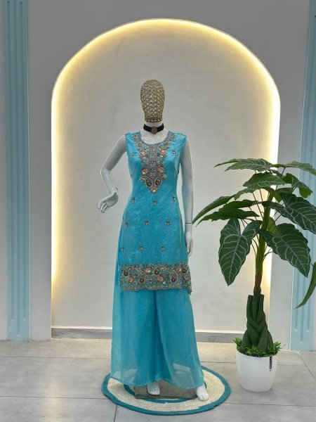 Traditional Beads Embroidery Fancy Silk Kurti with Palazzo & Dupatta Showroom Wholesale Wear Ready To Wear Collection