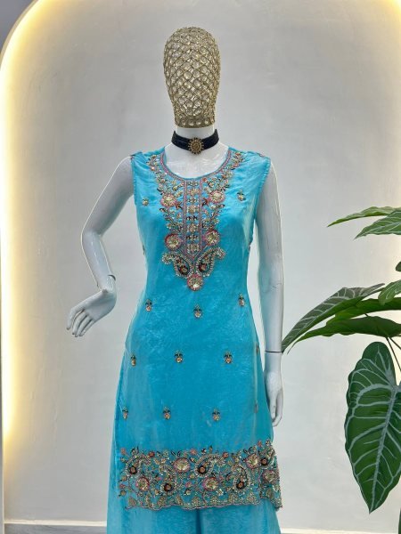 Traditional Beads Embroidery Fancy Silk Kurti with Palazzo & Dupatta Showroom Wholesale Wear Ready To Wear Collection