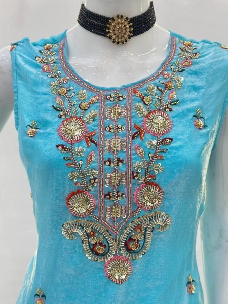 Traditional Beads Embroidery Fancy Silk Kurti with Palazzo & Dupatta Showroom Wholesale Wear Ready To Wear Collection