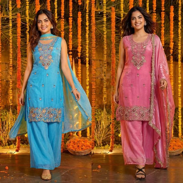 Traditional Beads Embroidery Fancy Silk Kurti with Palazzo & Dupatta Showroom Wholesale Wear Ready To Wear Collection