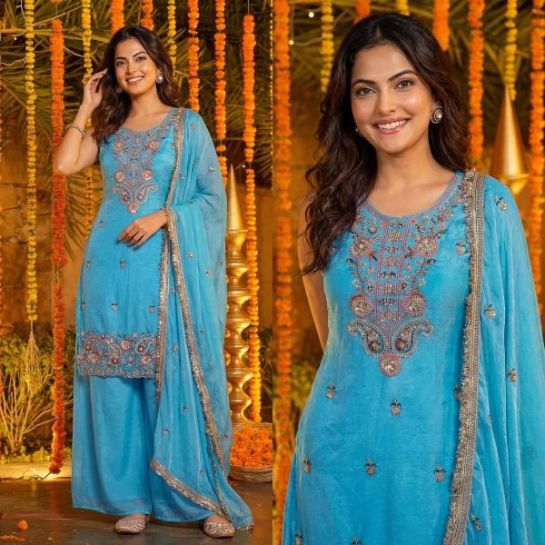 Traditional Beads Embroidery Fancy Silk Kurti with Palazzo & Dupatta Showroom Wholesale Wear Ready To Wear Collection