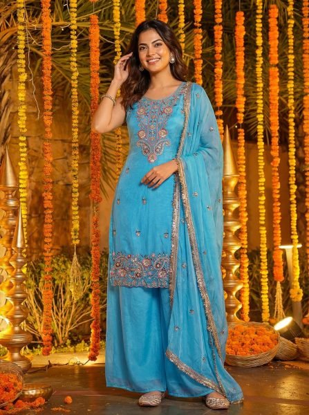 Traditional Beads Embroidery Fancy Silk Kurti with Palazzo & Dupatta Showroom Wholesale Wear Ready To Wear Collection