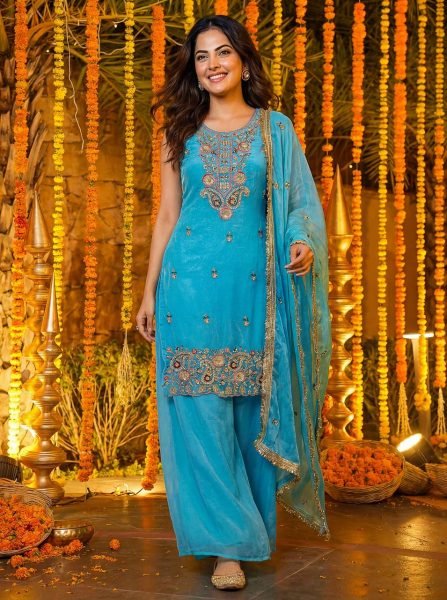 Traditional Beads Embroidery Fancy Silk Kurti with Palazzo & Dupatta Showroom Wholesale Wear Ready To Wear Collection