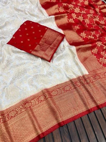 Traditional Bengali White Saree with Red Blouse For Durga Puja Sarees 