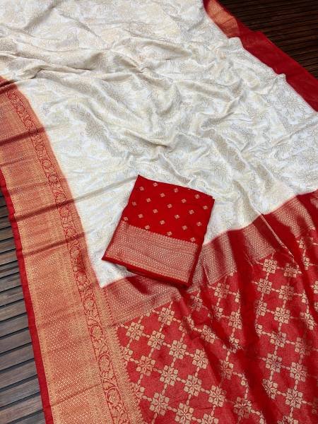 Traditional Bengali White Saree with Red Blouse For Durga Puja Georgette Sarees Wholesale