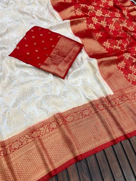Traditional Bengali White Saree with Red Blouse For Durga Puja Georgette Sarees Wholesale
