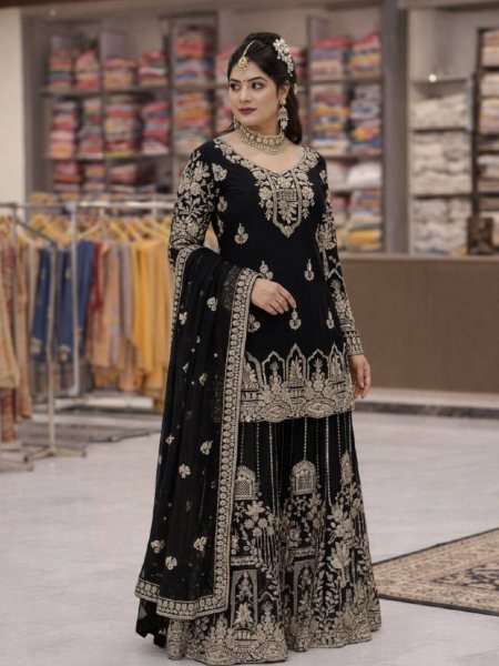 Traditional Black Faux Georgette Zari and Sequins Work Suit Set for Eid and Ramadan 