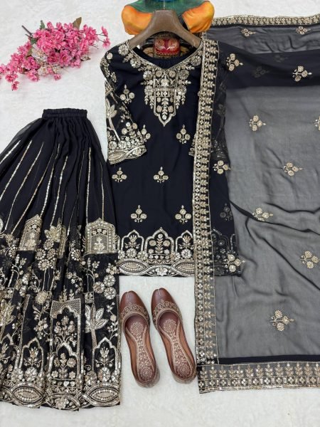 Traditional Black Faux Georgette Zari and Sequins Work Suit Set for Eid and Ramadan Ready To Wear Collection