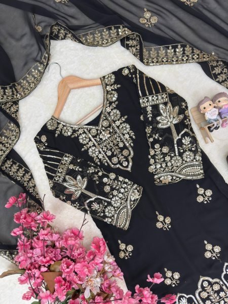 Traditional Black Faux Georgette Zari and Sequins Work Suit Set for Eid and Ramadan Ready To Wear Collection