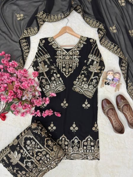 Traditional Black Faux Georgette Zari and Sequins Work Suit Set for Eid and Ramadan Ready To Wear Collection